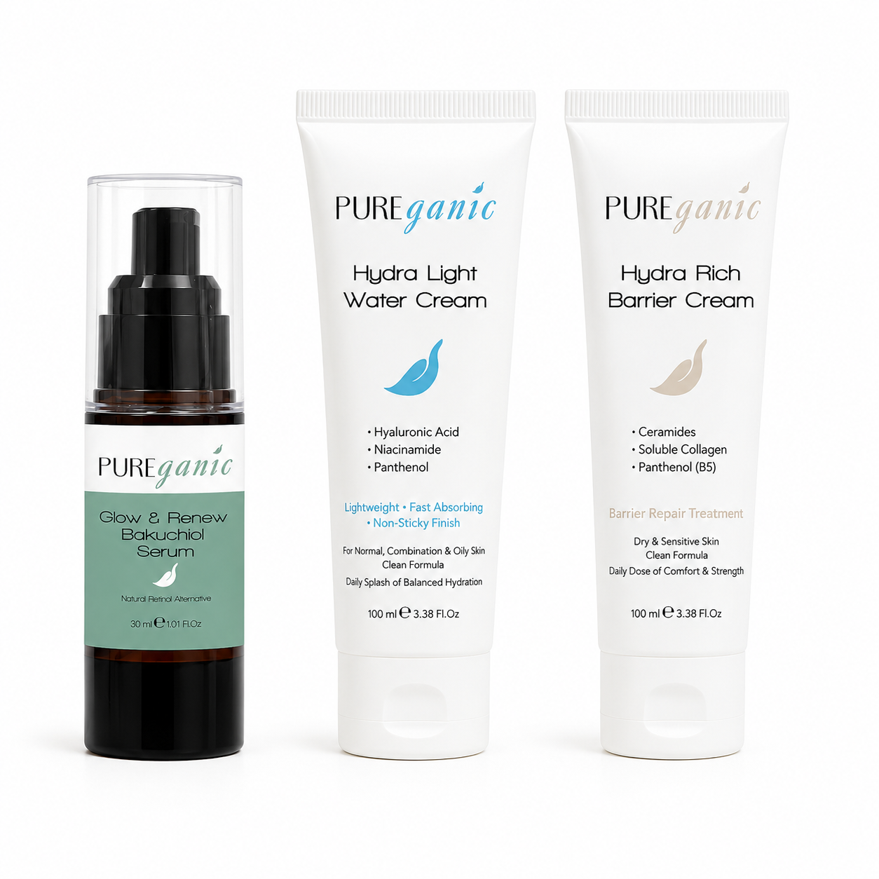 PUREganic Hydration and Renewal Skincare Trio with Bakuchiol Serum and face moisturizers